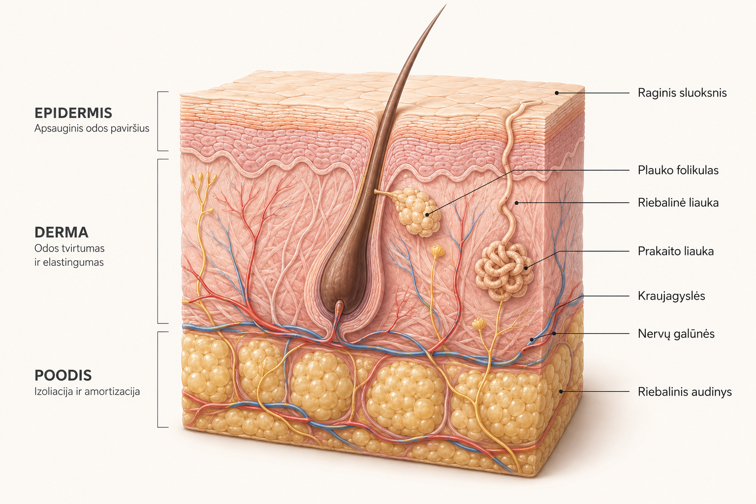 Odos sluoksniai: epidermis, derma, poodis